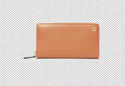 Elegant Tan Leather Zip-Around Wallet with Gold Hardware and Iconic Logo image