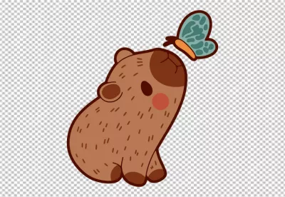 Adorable illustrated capybara observing a whimsical butterfly, cute animal art image