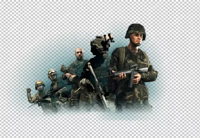 Five Armed Military Soldiers in Camouflage Uniforms Standing Ready for Combat image