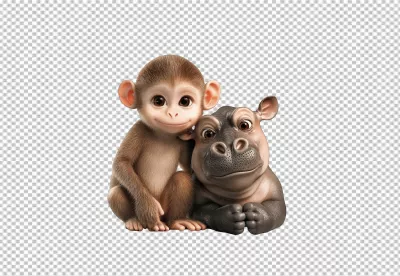 Adorable 3D Baby Monkey and Hippo Cuddling Cute Animal Friends image