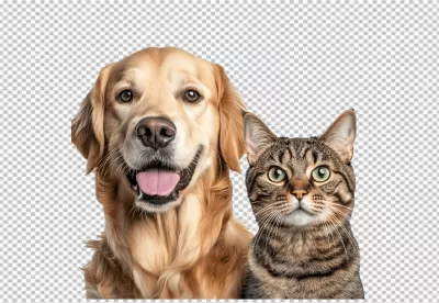 Friendly Golden Retriever Dog and Tabby Cat Looking Together PNG image