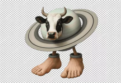 Surreal Cow Head on Saturn-like Planet with Human Feet, Whimsical Hybrid Concept image