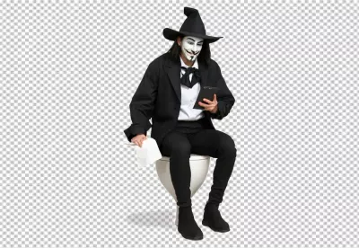Mysterious Masked Figure in Witch Hat Using Tablet on a Toilet image