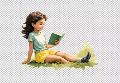 Happy Girl in Yellow Shorts Engrossed in Green Book on Lush Grass image