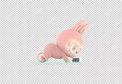 Mischievous Pink Bunny-like Monster Peeking at a Digital Timepiece image