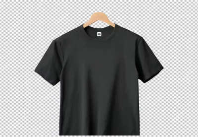 Classic Blank Black T-Shirt Mockup on Wooden Hanger Isolated for Apparel Design image