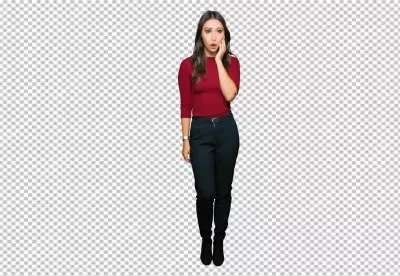 Young Woman in Red Top with Surprised Expression and Hand on Cheek image