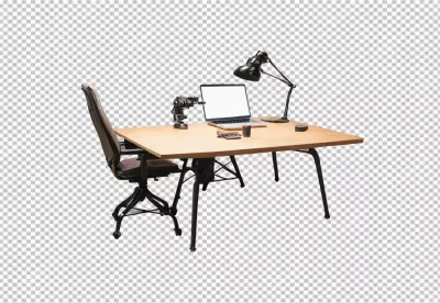 Industrial Style Wooden Desk with Modern Office Equipment and Camera Setup image