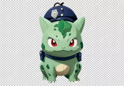 Adorable Green Bulbasaur-like Character Wearing Police Officer Uniform and Hat image