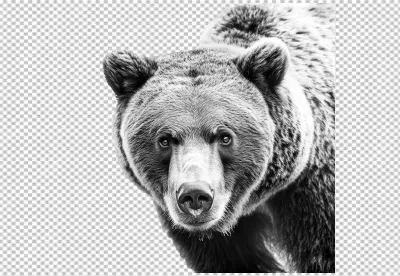 Powerful Grizzly Bear Face Looking Forward in Striking Black and White PNG image