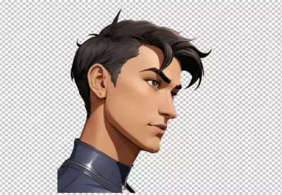 Stylized portrait of a handsome animated man with dark hair in a thoughtful profile image
