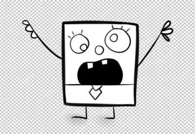 Hand-drawn distressed cartoon square face with wide eyes and open mouth on black background image