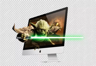 Yoda Lightsaber Bursting Out of iMac Screen