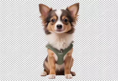 Adorable fluffy puppy in green harness sits patiently looking at camera with charming expression image