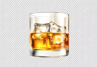 Refreshing Whiskey Glass with Ice Cubes for a Classic Drink Experience PNG image