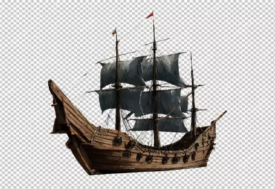 Vintage Wooden Galleon Ship with Dark Sails on Transparent Background image