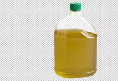 Clear Plastic Bottle with Green Cap Filled with Golden Olive Oil on White Background image