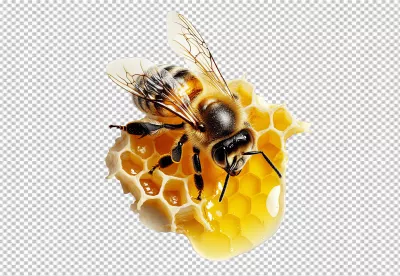 Macro Honeybee Perching on Golden Honeycomb with Dripping Honey PNG Image image