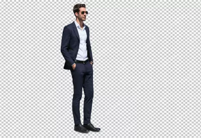 Confident Young Businessman in Navy Blue Suit and Sunglasses Standing Casually image