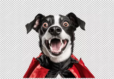 Funny Vampire Dog in Red Cape with Scary Fangs for Halloween PNG image