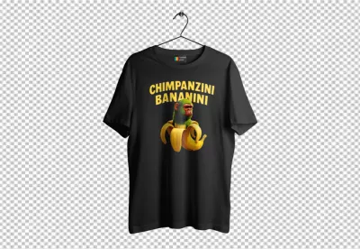 Humorous Monkey-Banana Hybrid Graphic Design on Black T-shirt with Playful Text image