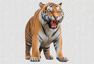 Fierce Bengal Tiger Snarling Aggressively with Open Mouth Isolated on White image