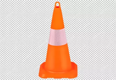 orange and white traffic cone on transparent background