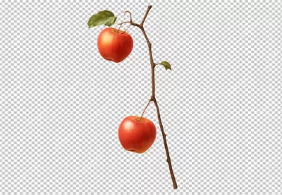 Two Ripe Red Apples Hanging from a Slender Branch with Green Leaves image