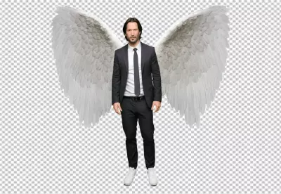 Keanu Reeves Look-alike in a Sleek Black Suit Adorned with Majestic Angel Wings image