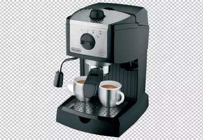 A coffee maker with a silver top and black buttons