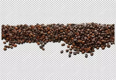 A bunch of coffee beans are floating in air on a transparent background