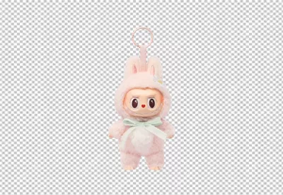 Fluffy Pink Monster Keychain in Bunny Suit with Daisy and Blue Ribbon image