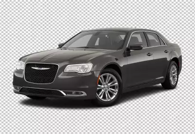 A black and white picture of a car with the hood up and the Chrysler on it