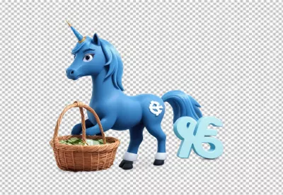 Whimsical 3D Blue Unicorn with Money Basket and Global Currency Exchange Symbol image