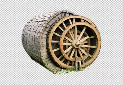 Vintage Wooden Water Wheel and Textured Stone Structure in Rustic Setting image