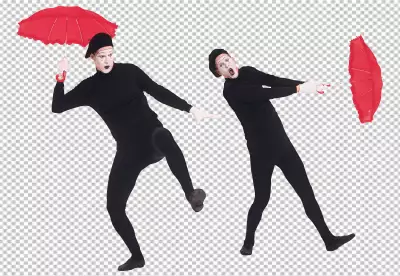 Clown character black dress tow boys with red umbrella
