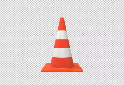 An orange and white traffic cone on transparent background