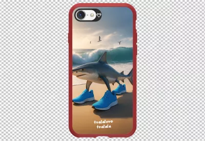 Smartphone with Red Case Displays Humorous Shark Wearing Blue Sneakers on a Sunny Beach image