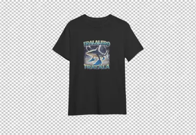 Black Graphic T-Shirt Featuring Shark in Blue Sneakers and 'Tralalero Tralala' Text image