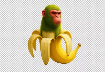Whimsical Monkey Character with Green Fur Emerging from Peeled Banana image