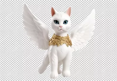 Elegant White Winged Cat Figurine with Golden Leaf Collar and Striking Blue Eyes image