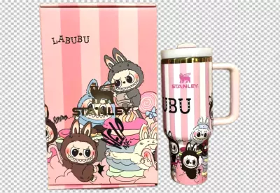 Pink Striped Labubu Stanley Drinkware with Whimsical Monster Illustration image