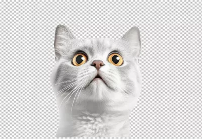 Curious Grey Cat Looking Upwards with Big Yellow Eyes PNG Cutout image