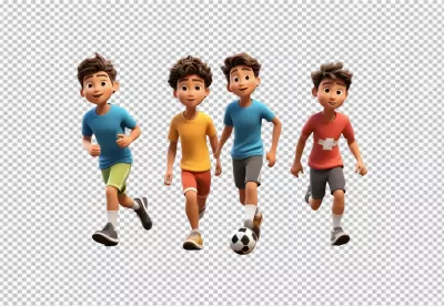 Cheerful 3D Animated Boys Playing Soccer: Running, Dribbling, and Teamwork on White Background image