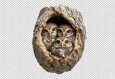 Adorable Baby Owls Peeking from Rustic Tree Nest High-Quality PNG image