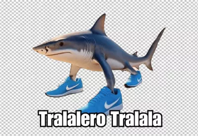 Whimsical Shark Character Striding in Blue Athletic Shoes with Playful Text image