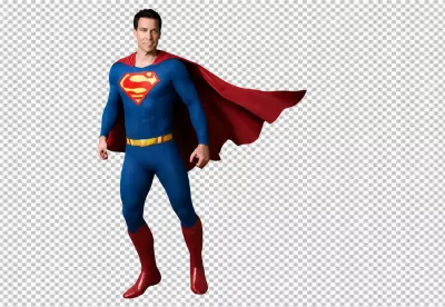 Confident Male Superhero in Classic Blue Suit with Dynamic Red Cape image