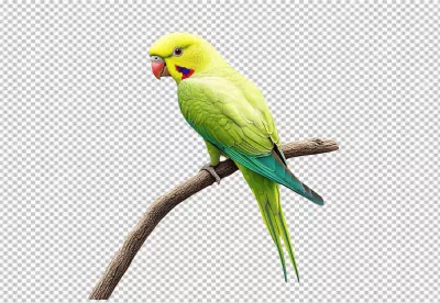 Vibrant Yellow-Green Parrot Perching on Branch PNG Cutout for Exotic Bird Designs image