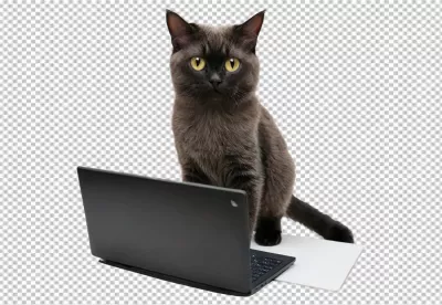 Charming Dark Grey Cat with Bright Yellow Eyes Sits Behind Laptop Looking at Camera image