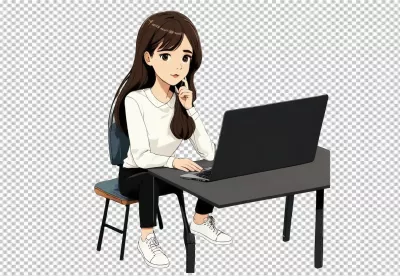 Anime Girl Studying Remotely, Focused on Laptop, Thoughtful Illustration image